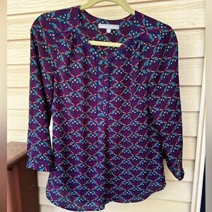Daniel Rainn navy blue red and green floral Patterned Blouse top 3/4 Sleeve